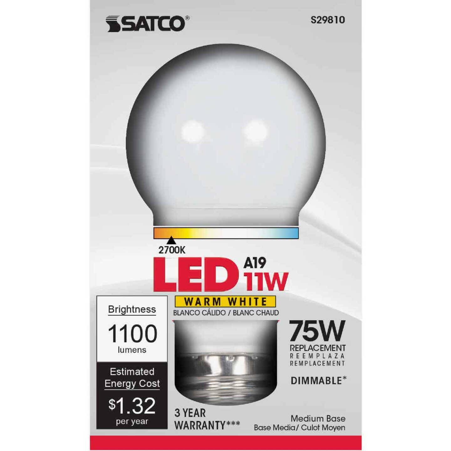 Satco 11 watt A19 warm white LED light bulb with medium base, dimmable, energy-saving for indoor lighting needs under $50