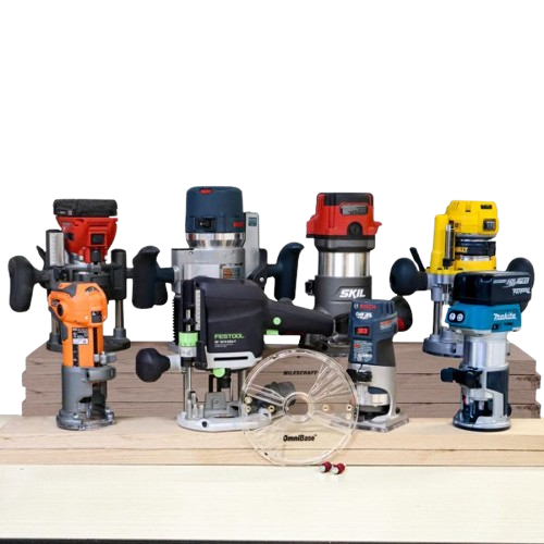 Assortment of handheld routers and a clear router base on wooden planks for woodworking home improvement tools