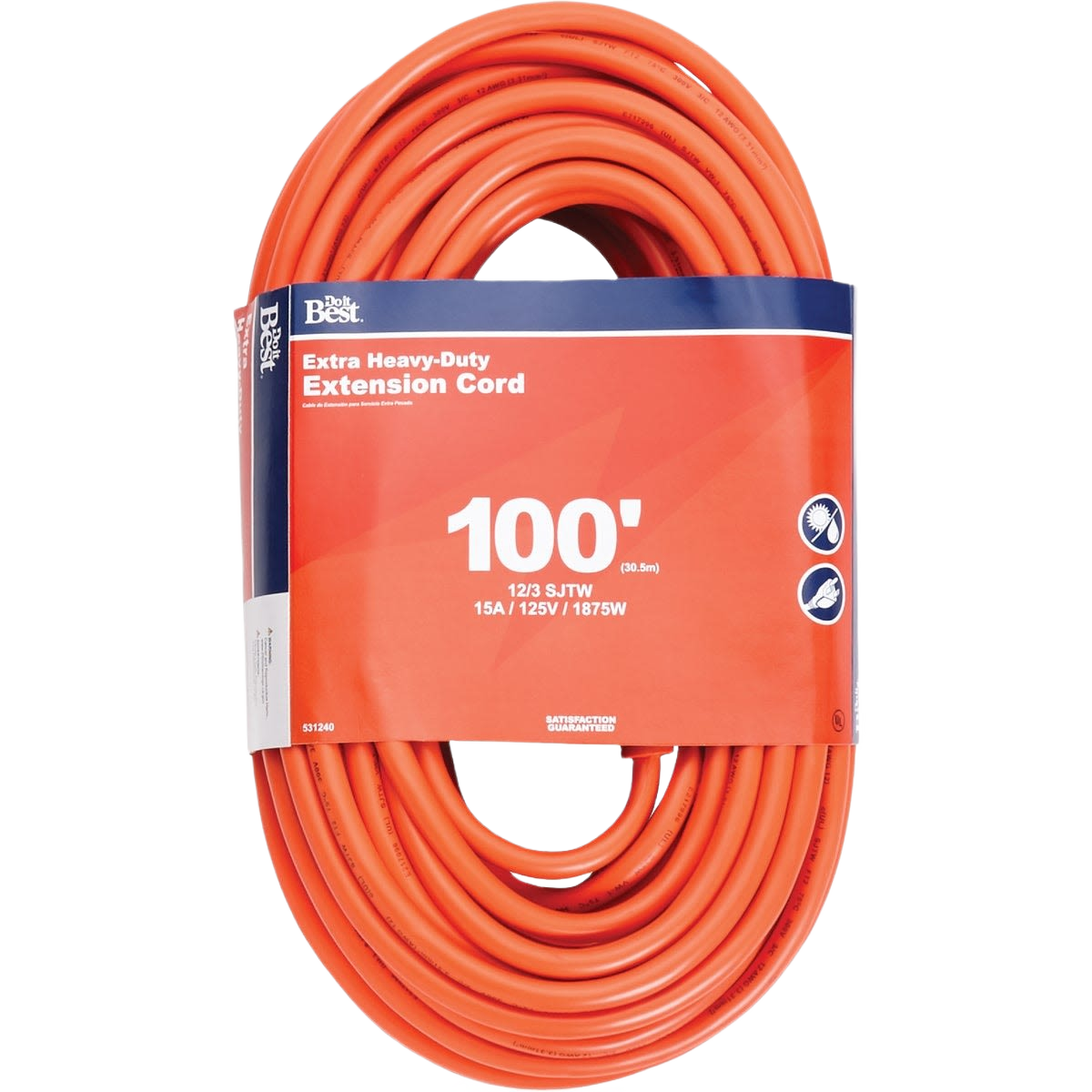 Heavy-duty orange 100-foot outdoor extension cord with 12/3 SJTW cable for electrical and home improvement tasks