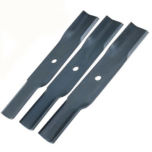 Set of three replacement lawn mower blades with central mounting holes for efficient grass cutting and home improvement use