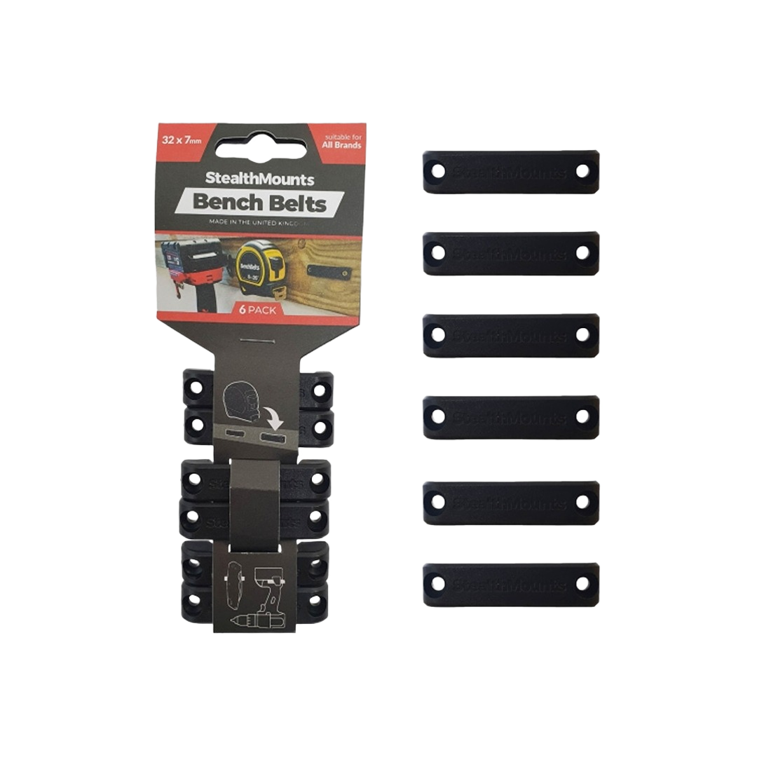 Set of six black universal bench belt tool holders for workshop organization and woodworking tool storage under $50 collection