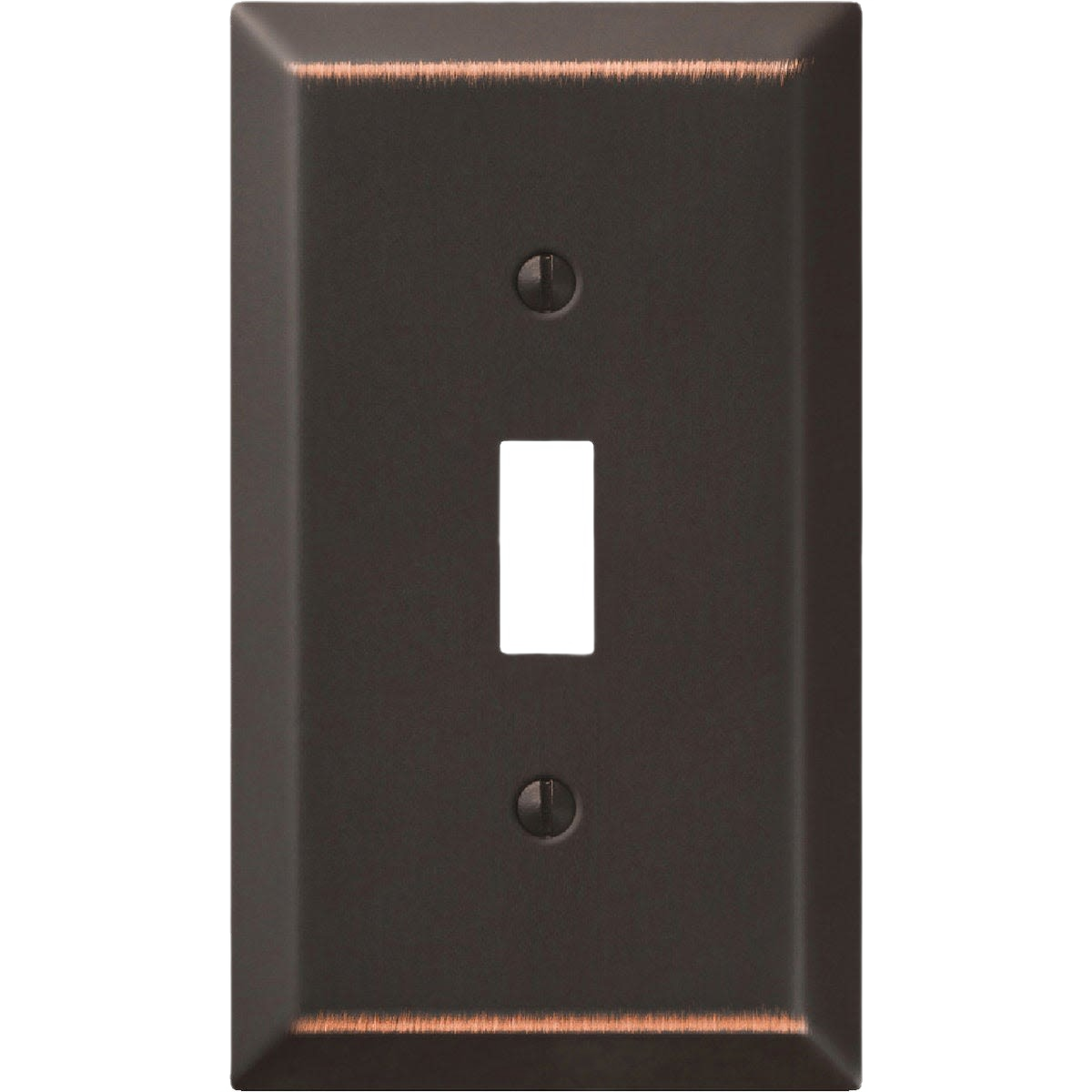 Aged bronze stamped steel toggle switch wall plate with two screw holes for home improvement projects