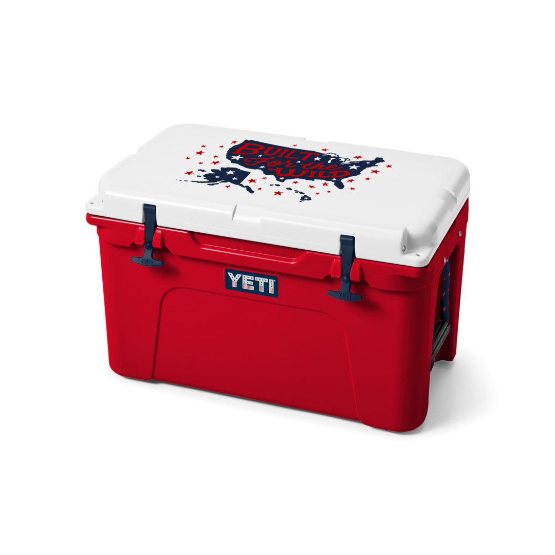 Red and white hard cooler with patriotic design and durable latches for outdoor food storage and organization