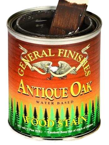 Open can of water based antique oak wood stain with brush for wood finishing and home improvement projects