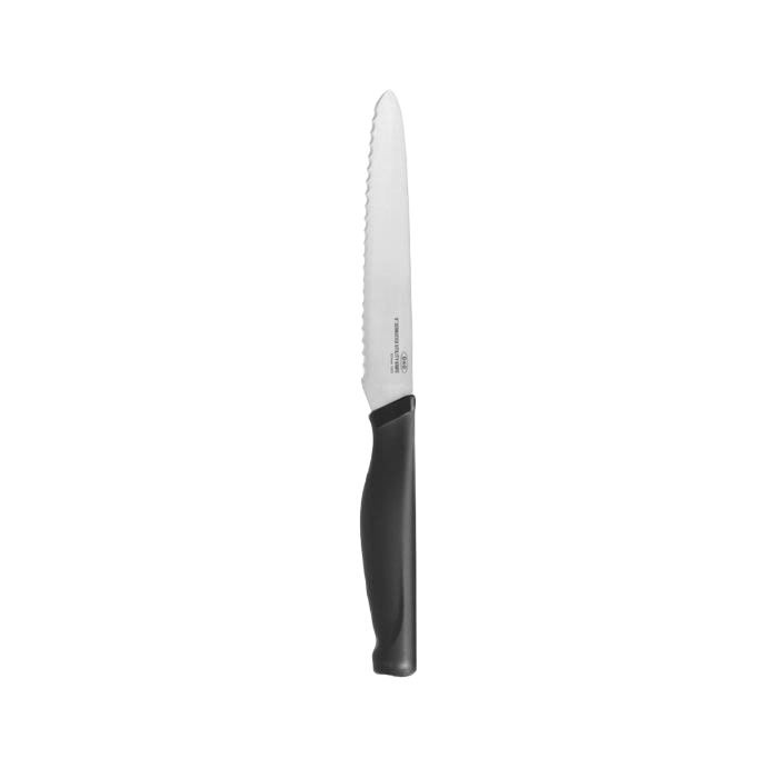 Serrated stainless steel utility knife with ergonomic black handle in kitchen utensils and cooking tools collection under $50