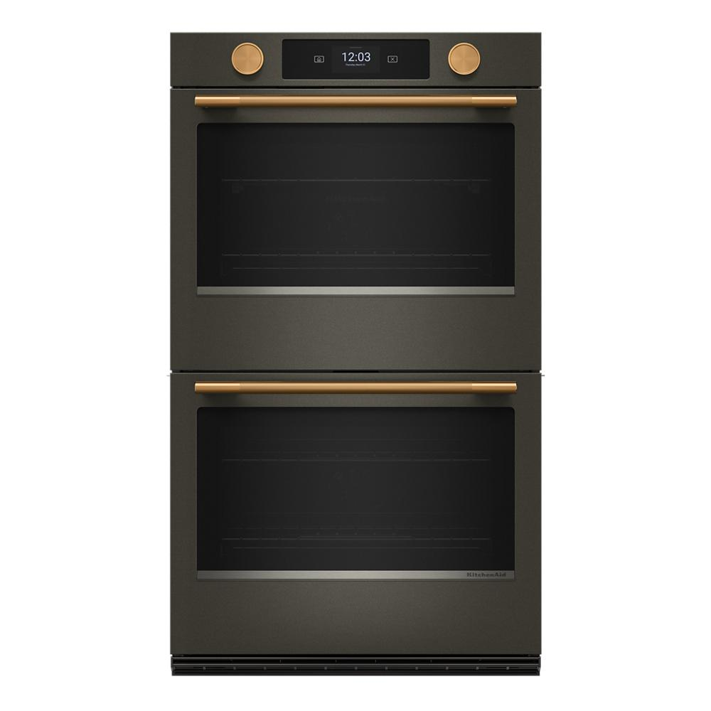 30-inch smart electric double wall oven in black ore with dual ovens, backlit knobs, and digital touchscreen display
