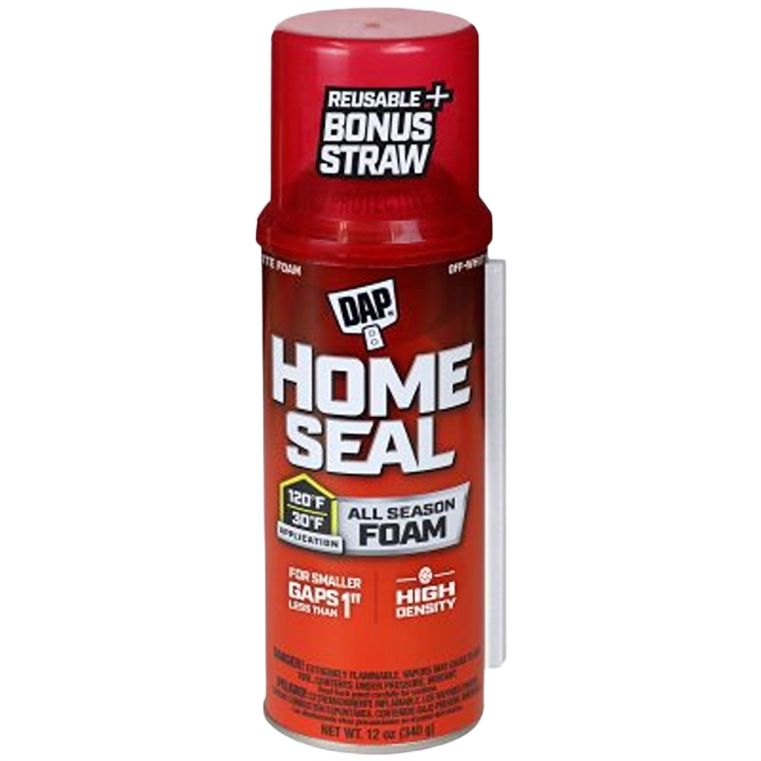 Red can of minimum expanding foam sealant with reusable straw for sealing small gaps in home improvement projects