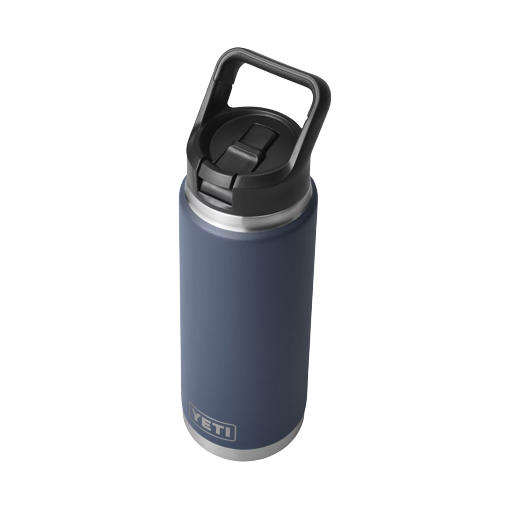 Blue stainless steel insulated 26 oz. bottle with black straw cap and durable handle from drinkware and kitchenware collections