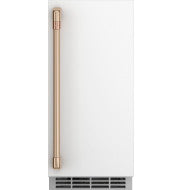 White refrigerator ice maker door with brushed gold vertical handle and bottom vent from kitchen appliances collection