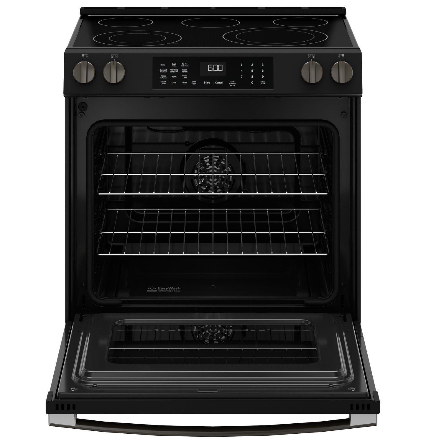 Black slide-in electric range with convection oven open showing adjustable racks and digital touch controls from ranges collection
