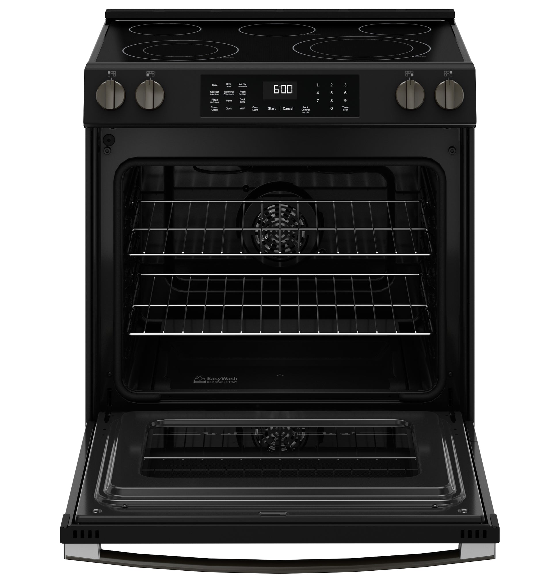 Black slide-in electric range with convection oven open showing adjustable racks and digital touch controls from ranges collection