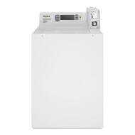 White commercial top-load washer with front coin drop and control panel in a laundry appliance setting