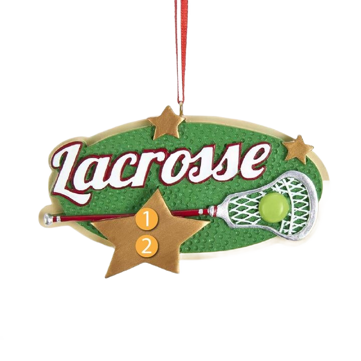 Green star-shaped ornament with lacrosse stick and ball, personalized holiday decor for Christmas tree decorations under $50