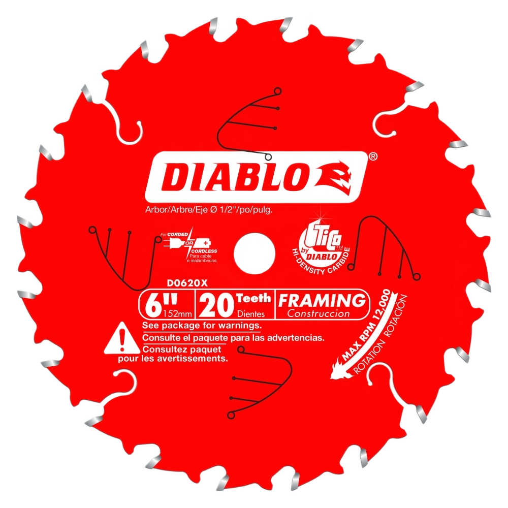 Bright red 6-inch Diablo framing saw blade with 20 teeth, designed for cordless and portable saws, part of woodworking and power tool accessories at Hartville Hardware.