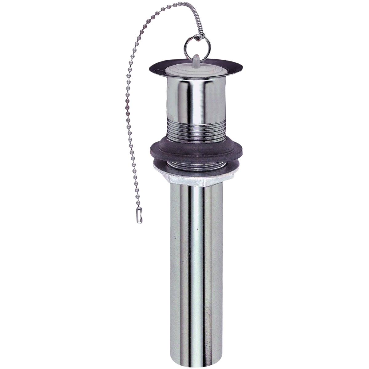 Chrome-finished tubular sink drain plug with attached chain for plumbing repair and sink parts collections