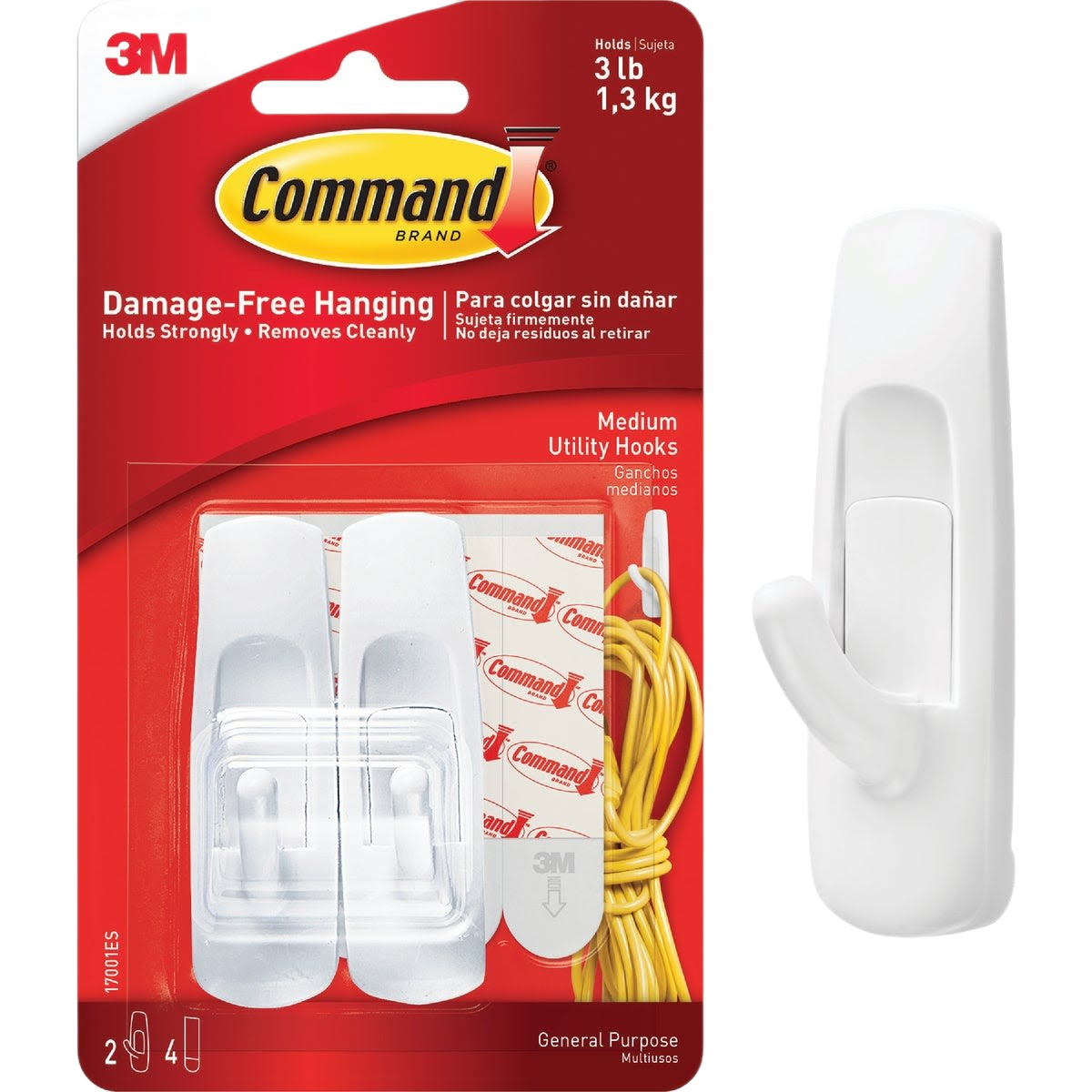 White medium utility adhesive hooks with damage-free hanging strips in hardware and fasteners collections under $50