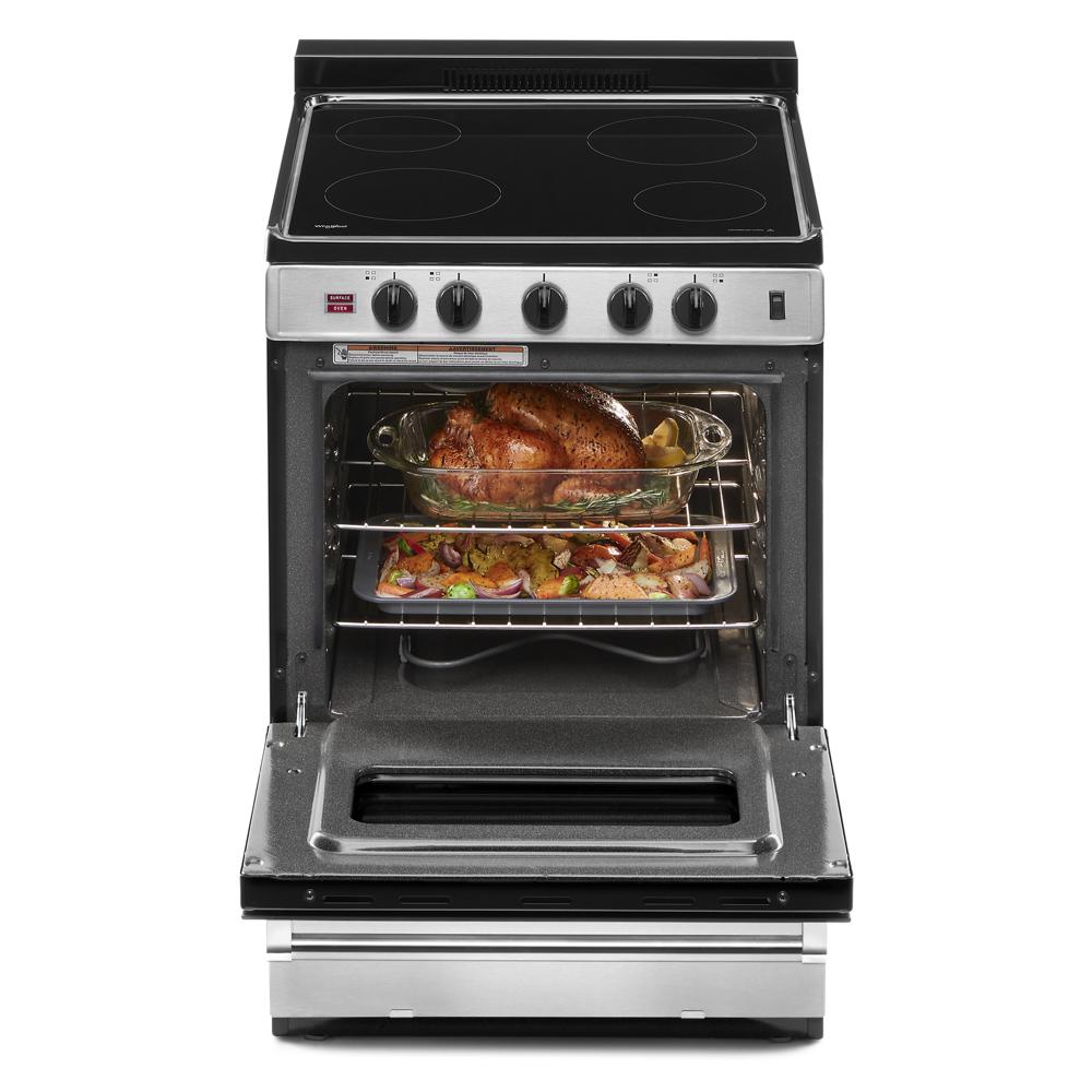 24-inch stainless steel freestanding electric range with open oven door showing roasted chicken and vegetables inside