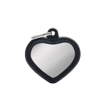 Heart-shaped chrome ID tag with black border and metal keyring, suitable for pet identification and home use.