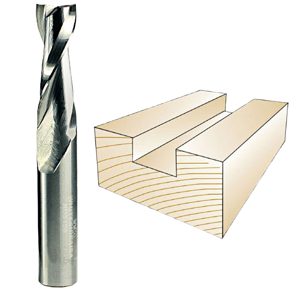 Spiral upcut router bit creating a clean groove in light-colored wood for precision woodworking projects