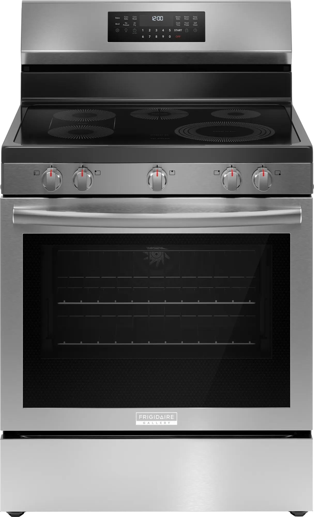Stainless steel 30-inch electric range with rear digital controls and smooth glass cooktop for kitchen appliances collection