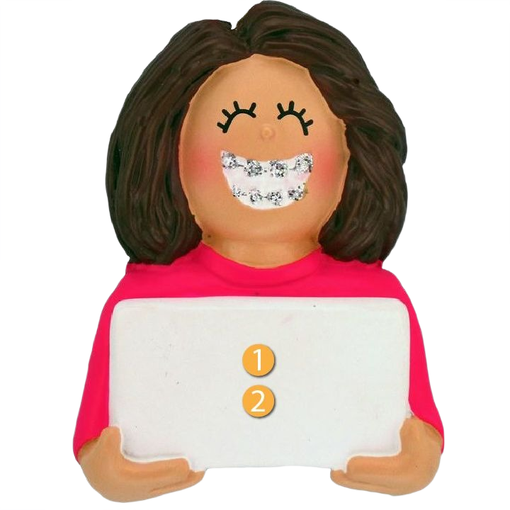 Brunette female ornament with braces holding blank sign from Christmas Ornaments & Tree Decorations collection