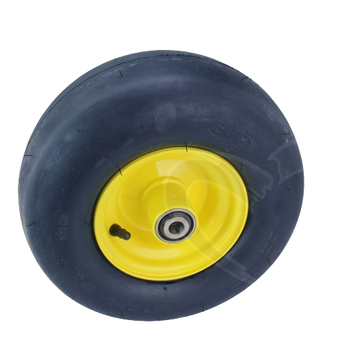 Yellow metal wheel with black rubber tire and valve stem, suitable for lawn and garden equipment replacement parts