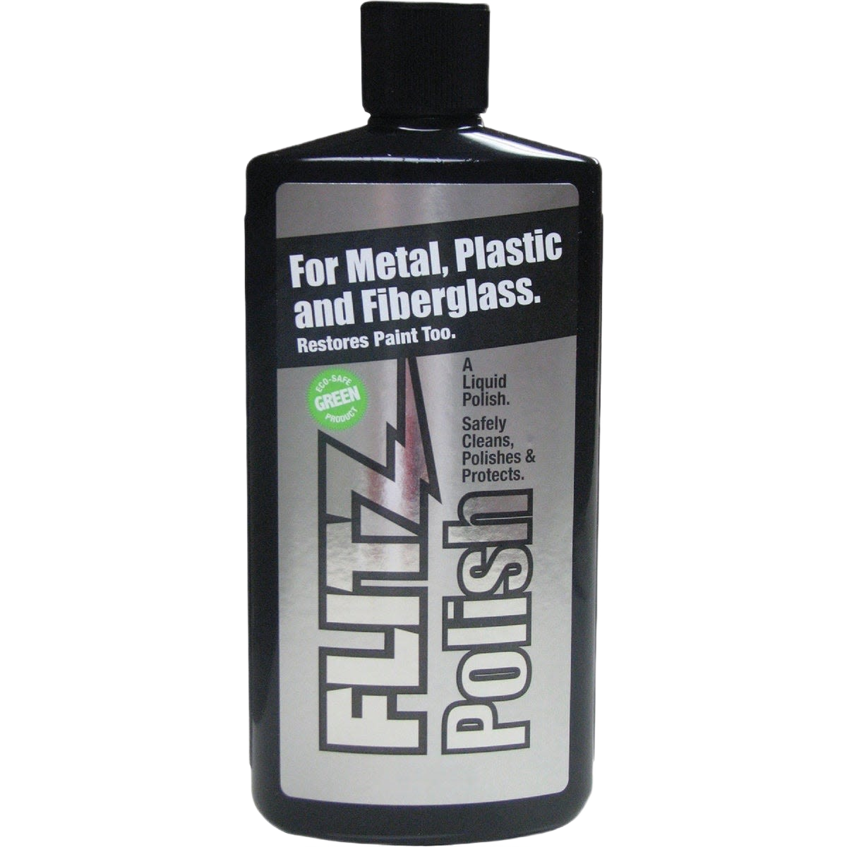 Black plastic bottle of liquid polish for metal, plastic, and fiberglass in cleaning supplies and finishing collections