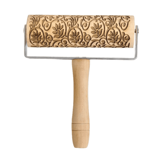 Mini embossing rolling pin with floral scroll design, crafted from poplar wood for kitchenware and bakeware collections under $50