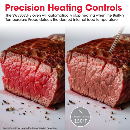 Close-up comparison of steak showing internal temperature probe inserted to demonstrate precise oven heating control at 150°F