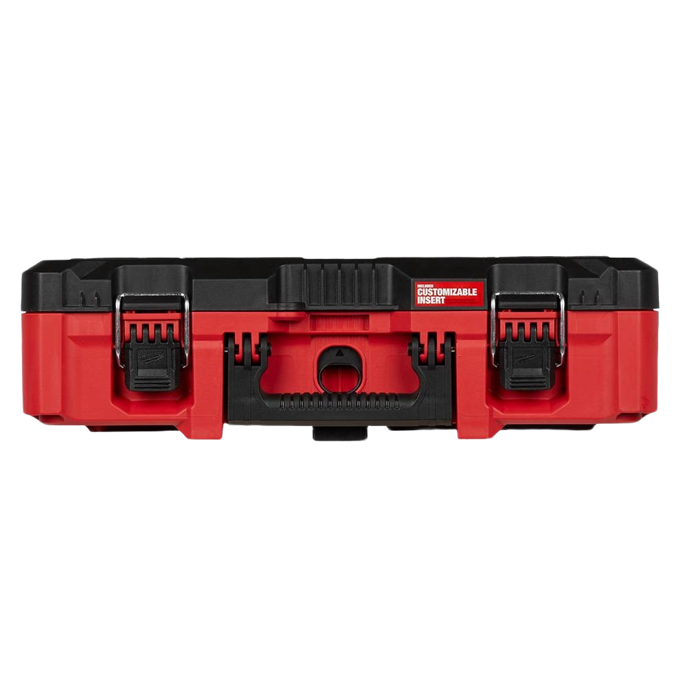 Red and black Milwaukee PACKOUT™ tool case with impact-resistant base and customizable insert for workshop organization