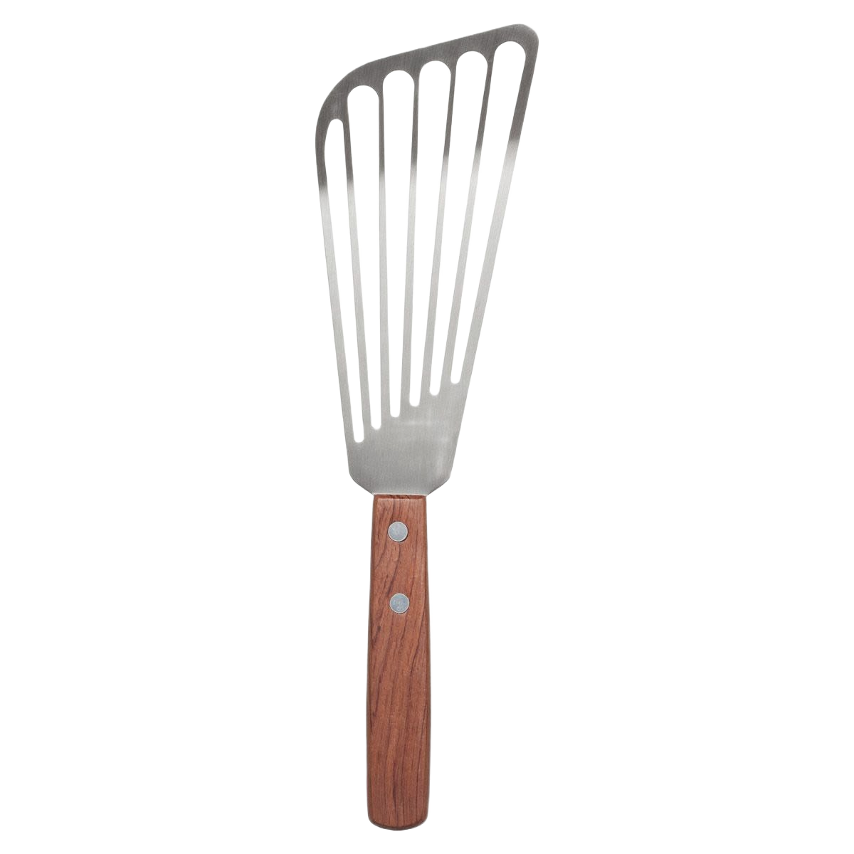 Kitchen fish spatula with angled slotted stainless steel blade and wooden handle for kitchen utensils and gadgets.