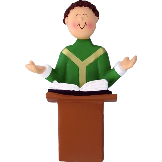 Brunette male priest figurine in green vestments with open book at wooden pulpit for Christmas tree decor under $50 collection