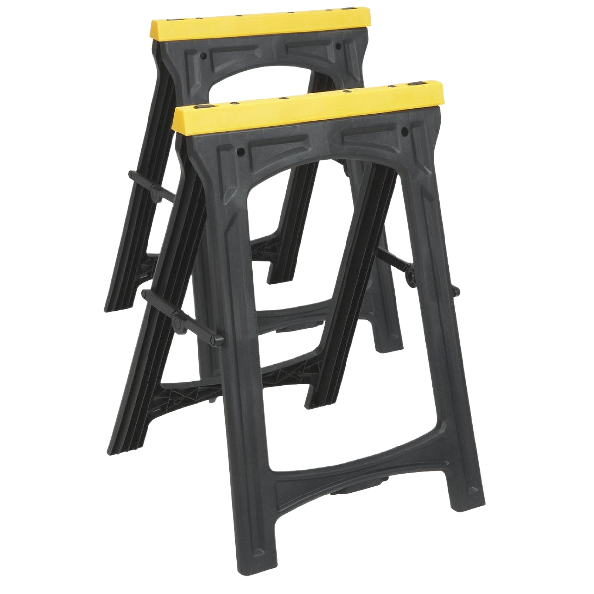 Pair of durable black folding sawhorses with yellow tops supporting up to 500 lb for home improvement projects