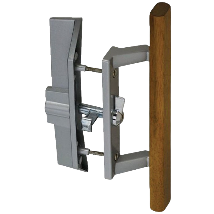 Patio door handle and latch set with key lock unit, wood handle and metal hardware for door accessories and home improvement