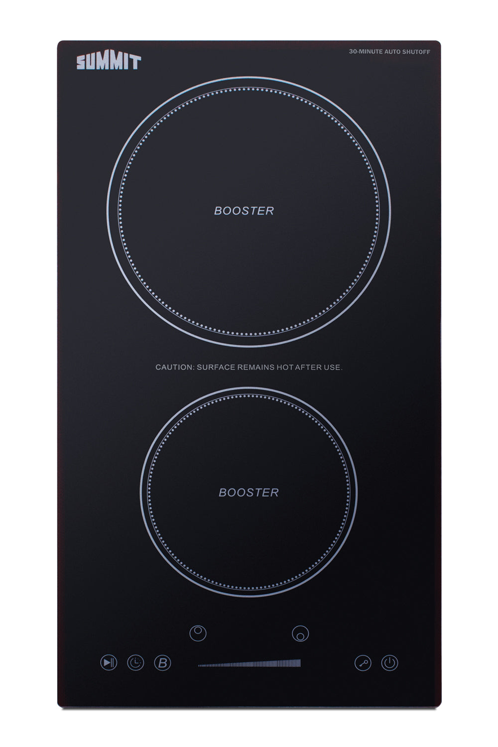 Top-down view of sleek black two-zone induction cooktop with digital controls in kitchen appliances collection