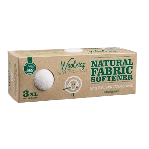 Box of three extra large natural fabric softeners made from pure New Zealand wool for laundry use