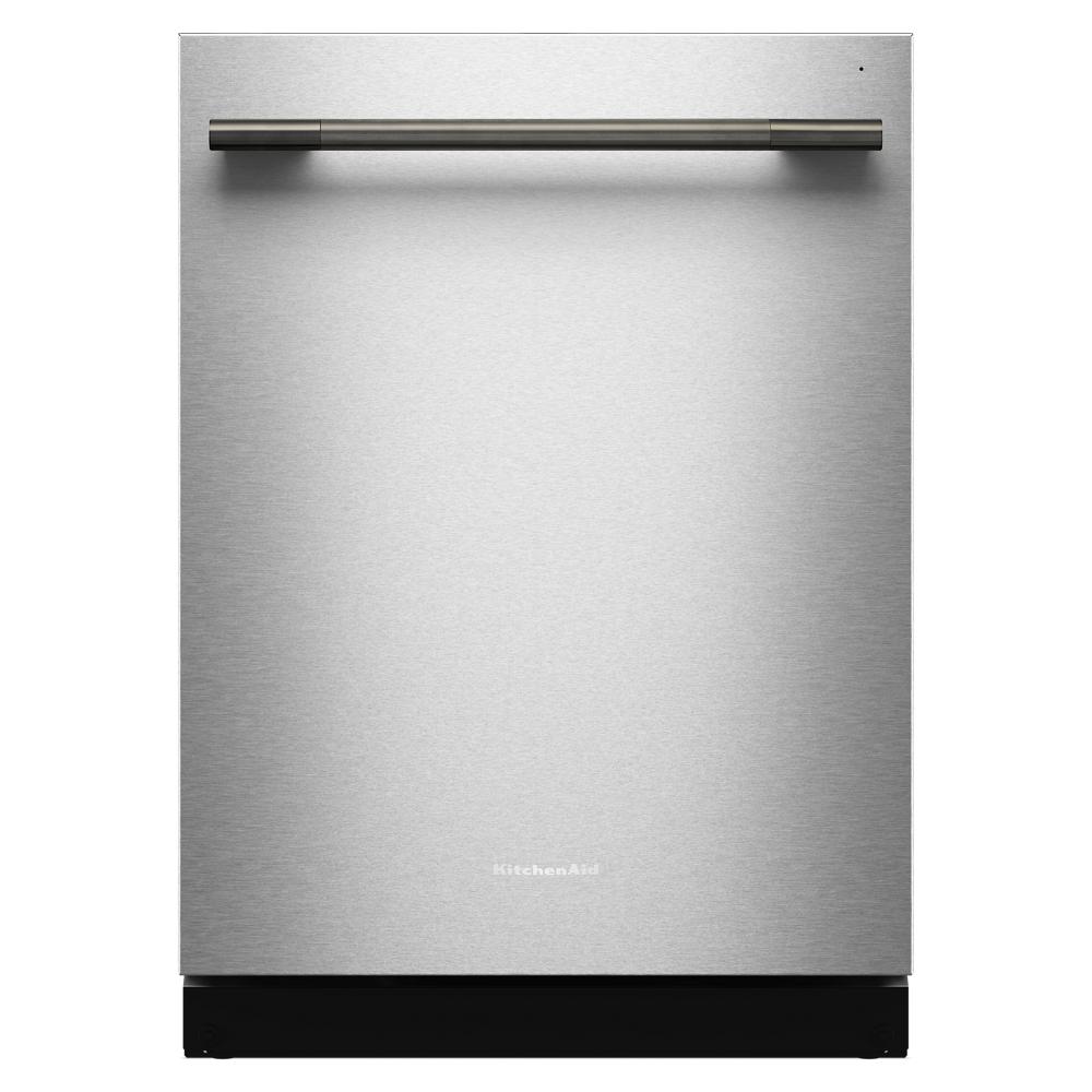 stainless steel dishwasher with towel bar handle and minimalist front from KitchenAid appliances collection