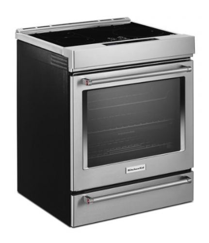 stainless steel 30-inch induction slide-in range with four cooking elements and convection oven in kitchen appliances collection