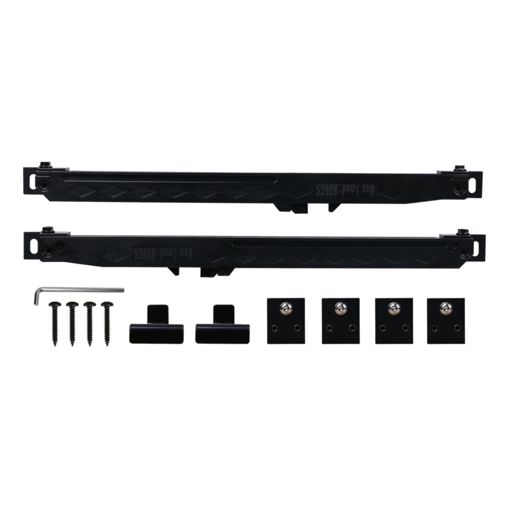 Matte black soft close sliding door hardware kit including rails, stoppers, screws, and mounting plates for home improvement.