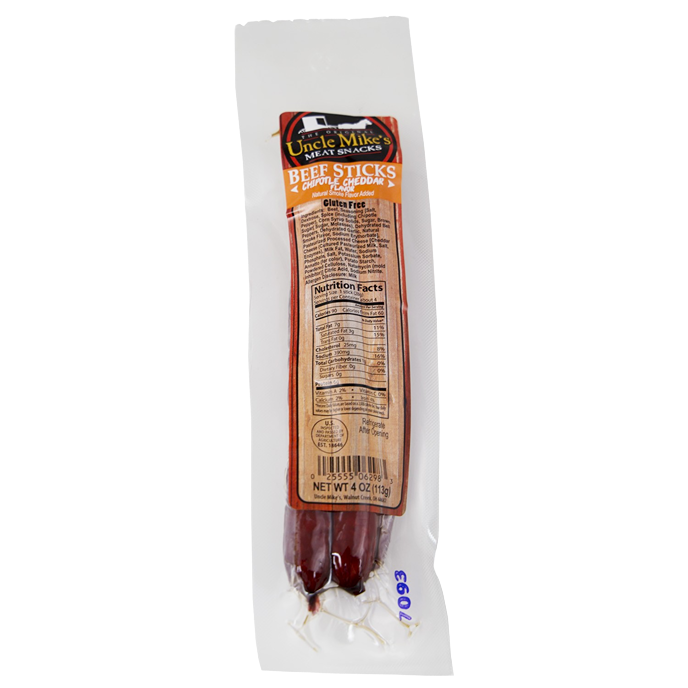 Packaged chipotle cheddar beef sticks with nutritional information label, snack from food & beverage collection under $50