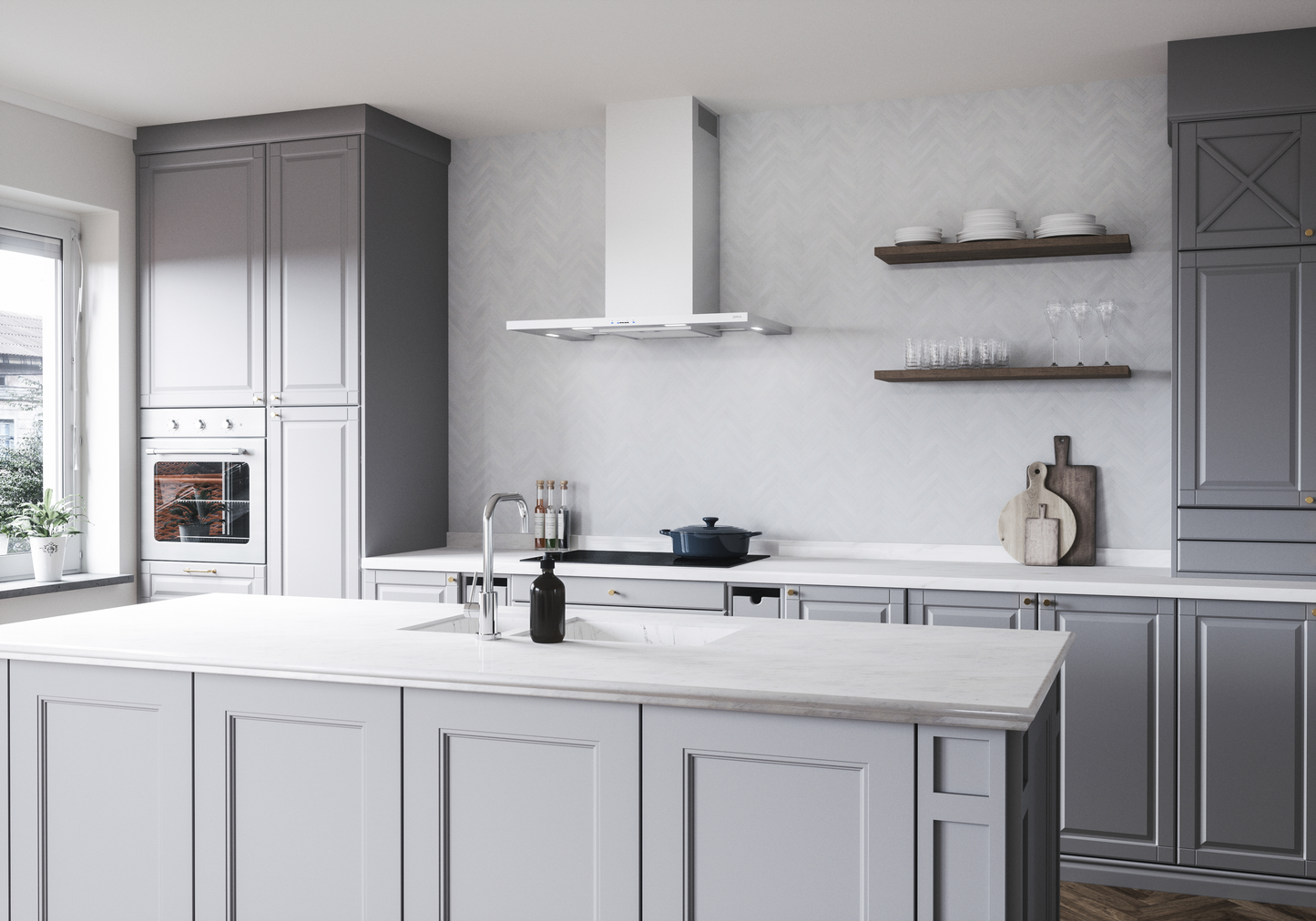 Contemporary kitchen featuring a sleek stainless steel chimney hood and spacious gray cabinetry in over the range hoods collection