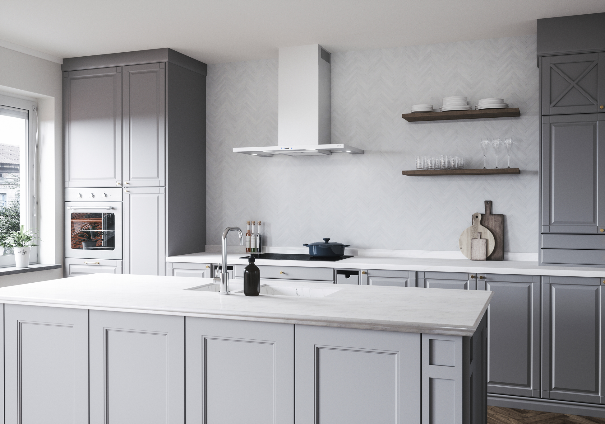 Contemporary kitchen featuring a sleek stainless steel chimney hood and spacious gray cabinetry in over the range hoods collection