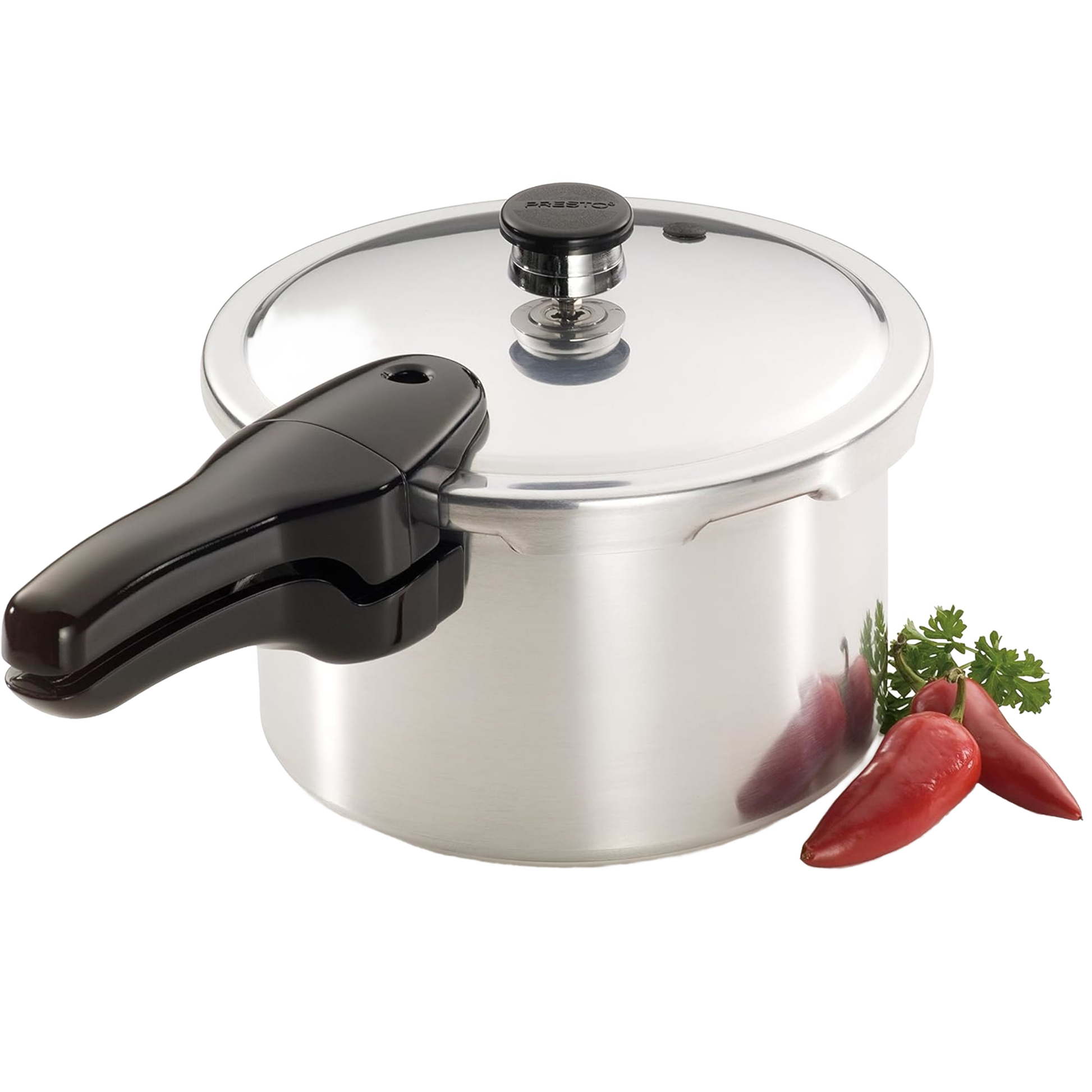 Polished aluminum pressure cooker with black handle and lid knob shown with chili peppers in kitchenware collection