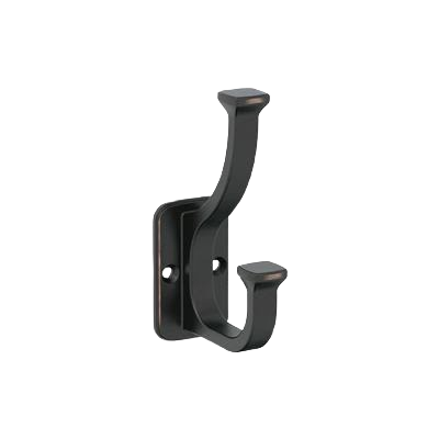 Oil-rubbed bronze two-prong wall hook with decorative square accents for home organization and improvement tasks