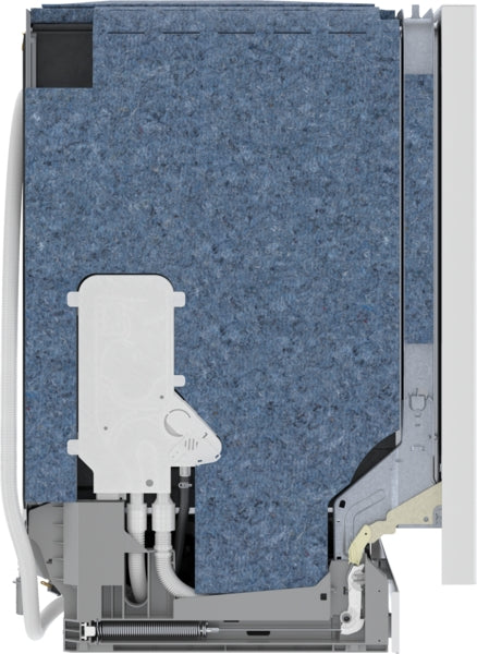 Side view cutaway of a white 24-inch dishwasher showing internal insulation and mechanical components from Bosch appliances collection