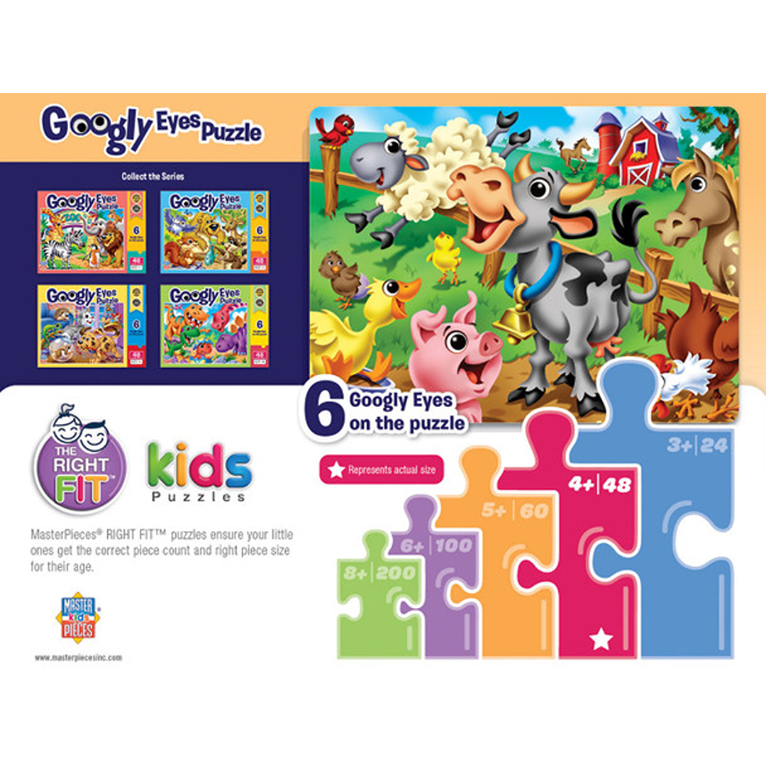 Bright farm animal puzzle scene with trees, barn, and six playful googly eyes on colorful pieces for kids.