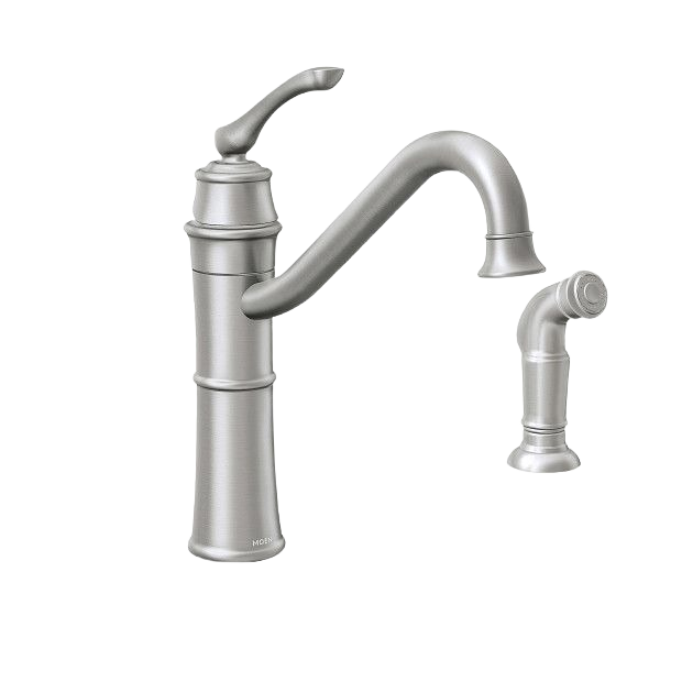 High arc stainless steel kitchen faucet with single lever handle and side sprayer for home improvement projects