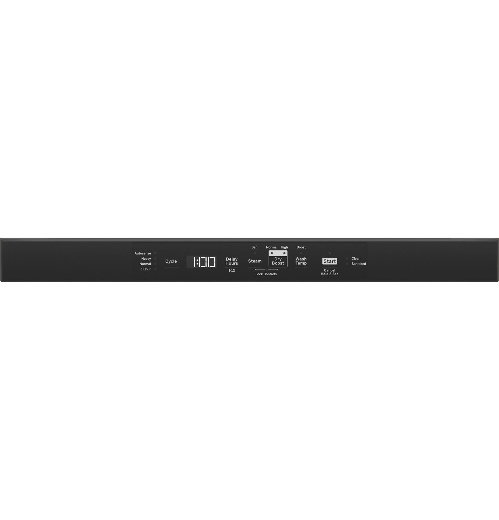 Black control panel of GE ENERGY STAR top control dishwasher with digital display and cycle options in kitchen appliances collection
