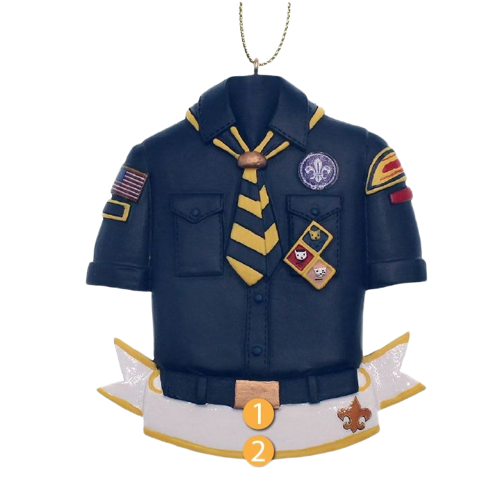 Decorative Cub Scout shirt ornament with badges, striped neckerchief, and customizable nameplate for holiday display