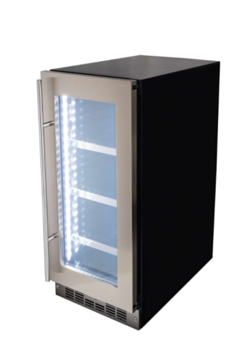 Freestanding beverage center with stainless steel frame, glass door, interior LED lighting, and adjustable shelves in Appliances collection